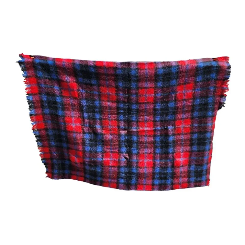 Vintage Montrose 100% Mohair Wool Blanket Red Blue Plaid Scotland 65x45‎